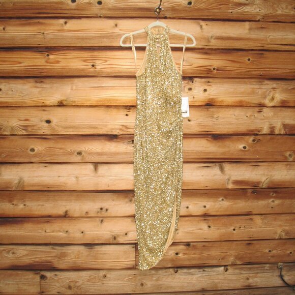 MAC DUGGAL 5760 Gold Sequined High Neck Keyhole Asymmetrical Dress - Picture 6 of 14